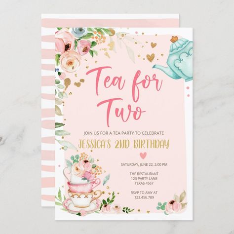 Tea for Two Birthday Invitation Floral Tea Party Tea For Three Birthday Party, Three Birthday Party, Tea For Two Birthday, Tea For Three, Floral Tea Party, Third Birthday Invitations, Par Tea, 2nd Birthday Party For Girl, Two Birthday