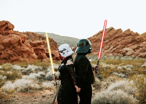 Star Wars Couples Photoshoot, Lightsaber Engagement Photo, Star Wars Photo Shoot, Wedding Redo, Themed Engagement Photos, Star Wars Couples, Dark Side Star Wars, May The Fourth, Star Wars Wedding