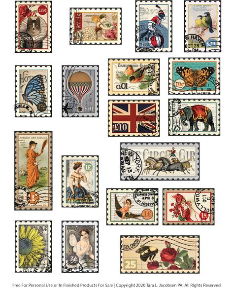 Artsy Fartsy Freebies Library Journal Ephemera Free Printable, Junk Journal Pages Free Printable Vintage Ephemera, Vintage Stamps Printable, Bee Junk Journal, Printable Stamps, Old Postage Stamps, Free Craft Supplies, Stamps Vintage, Scrapbook Letters