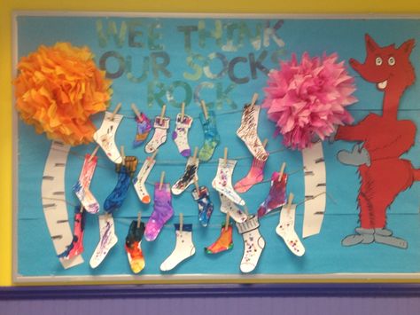 Dr. Seuss preschool bulletin board, Fox in socks, @ancalandra Fox In Socks Bulletin Board, Preschool Bulletin Board, Dr Seuss Preschool, Fox In Socks, Odd Socks, Preschool Bulletin, Preschool Bulletin Boards, Classroom Door, Teaching Preschool