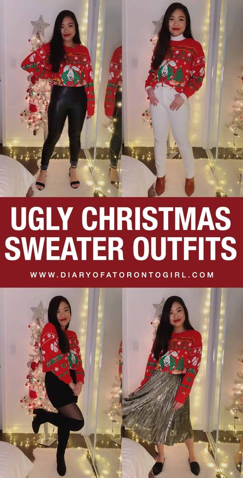 How to Wear an Ugly Christmas Sweater: 5 Cute Outfit Ideas Ugly Sweater Outfits, Christmas Sweater Outfit, Formal Christmas Party, Ugly Christmas Sweater Outfit, Sweater Skirt Outfit, Christmas Sweater Outfits, Glamorous Christmas, Ugly Sweater Contest, Cute Christmas Outfits