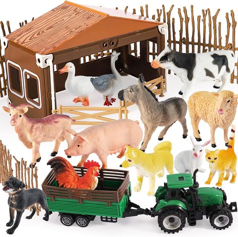 BUYGER Farm Animals Figures Set, Different Size with Tractor Trailer Vehicle Toy, Assemble Fence Farm House Barn Playset Gifts for 3 4 5 Year Olds Kids Toddler Check more at https://ngatiranana.org.uk/product/buyger-farm-animals-figures-set-different-size-with-tractor-trailer-vehicle-toy-assemble-fence-farm-house-barn-playset-gifts-for-3-4-5-year-olds-kids-toddler/ Farm Animal Toys, Toy Playset, Zombie 2, Dog Birthday Party, Conde Nast, Large Dog Breeds, Dinosaur Toys, Tractor Trailers, Toy Trucks