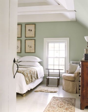 Soothing Bedroom  Soft green walls and a white-painted floor give this master bedroom a soothing appearance. A collection of framed 19th-century pressed leaves and flowers substitute for a traditional headboard Urban Cottage, Sala Grande, Green Walls, White Floors, Green Rooms, Bedroom Paint, Bedroom Green, Beautiful Bedrooms, Benjamin Moore