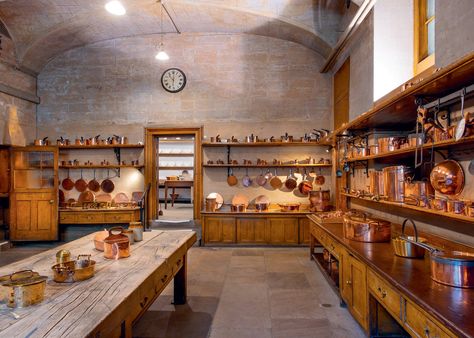 The Kitchen at Harewood, by architect John Carr of York, is one of the finest of any English country house. Open Wall Shelves, White Open Shelves, Kitchen Eating Nook, Shifting To Hogwarts, Country Pantry, Houses In England, Old English Manor, Eating Nook, Castle Kitchens