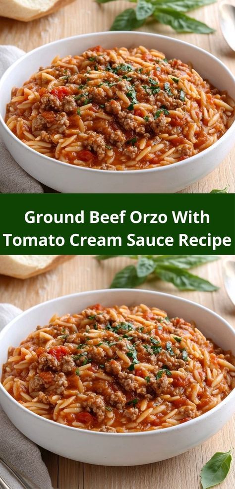 Need a delicious weeknight dish? Our Ground Beef Orzo With Tomato Cream Sauce is a breeze to prepare. This satisfying recipe combines hearty beef and tender orzo, making it a perfect family dinner option. Beef Orzo, Ground Recipes, Cream Sauce Recipe, Tomato Cream Sauce, Easy Ground Beef, Orzo Recipes, Cream Sauce Recipes, Creamy Tomato Sauce, Ground Beef Recipes For Dinner