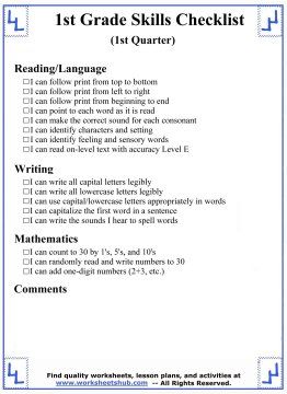 1st Grade Skills Checklist (1st Quarter) First Grade Unschooling, Incoming First Grade Checklist, First Grade Practice Sheets, First Grade Goals Checklist, 3rd Grade Skills Checklist, What Should First Graders Know, What Should A 1st Grader Know, 1st Grade Syllabus, 1st Grade Circulum Homeschool