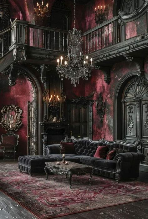 Dark Baroque Aesthetic, Haunt Furniture, Theatrical Aesthetic, Dollhouse Inside, Gothic Living Room Ideas, Gothic Rooms, Enchanted Bedroom Ideas, Dark Maximalism, Victorian Gothic Home Decor