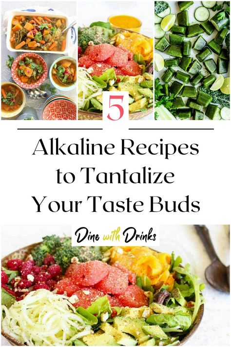 Collage of 4 alkaline recipes. Alkaline Diet Smoothie Recipes, High Alkaline Diet Recipes, Alkaline Meal Plan 21 Days, Alkaline Diet Recipes Meals, Alkaline Foods Recipes Dinners, Foods High In Alkaline, Alkaline Smoothie Recipes, High Alkaline Diet, Alkaline Smoothie