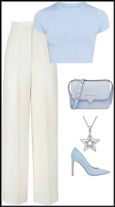 sky blue (3)🍭 Outfit | ShopLook Soft Blue Dress Classy, Light Blue Capsule Wardrobe, Sky Blue Sneakers Outfit, Light Blue Beige Outfit, Light Blue Business Casual Outfits, Light Blue Old Money Outfit, Sky Blue Top Outfit Color Combos, Blue Spring Outfits Women, Cream And Light Blue Outfit