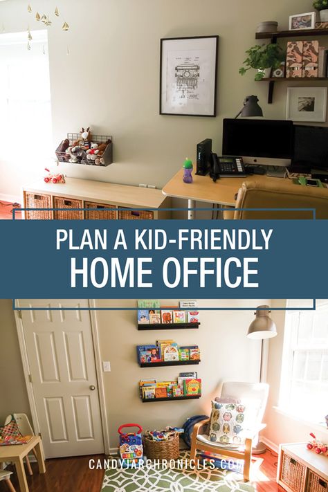 Office With Play Area, Home Office And Playroom Ideas, Family Study Room Shared Office, Playroom / Office Ideas, Home Office With Play Area, Office Nursery Combo Ideas, Playroom With Office Space, Office And Nursery Combo Small Spaces, Basement Playroom Office Combo