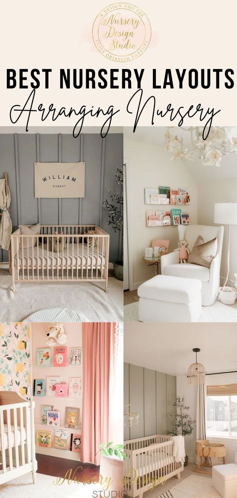 NURSERY LAYOUT IDEAS: 15 WAYS TO ARRANGE THE NURSERY - Nursery Design Studio Nursery Room Furniture Layout, Nursery Storage Furniture, Simple Nursery Room Ideas, Coed Nursery Ideas, Nursery With Bed And Crib Layout, Small Nursery Wall Decor, Nursery Layout With Bed, Best Nursery Layout, Small Girls Nursery Ideas