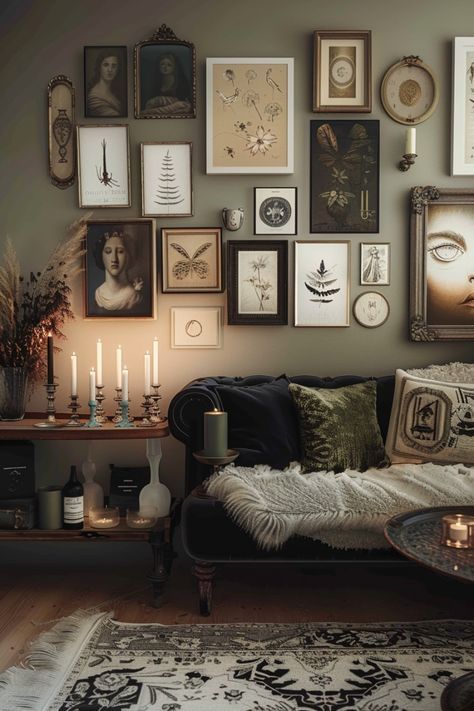 Dark Academia Aesthetic Living Room, Moody Living Room White Walls, Academia Aesthetic Decor, Moody Apartment, Moody Gallery Wall, Witchy Living Room, Dark Academia Living Room, Maximalism Decor, Gothic Living Room