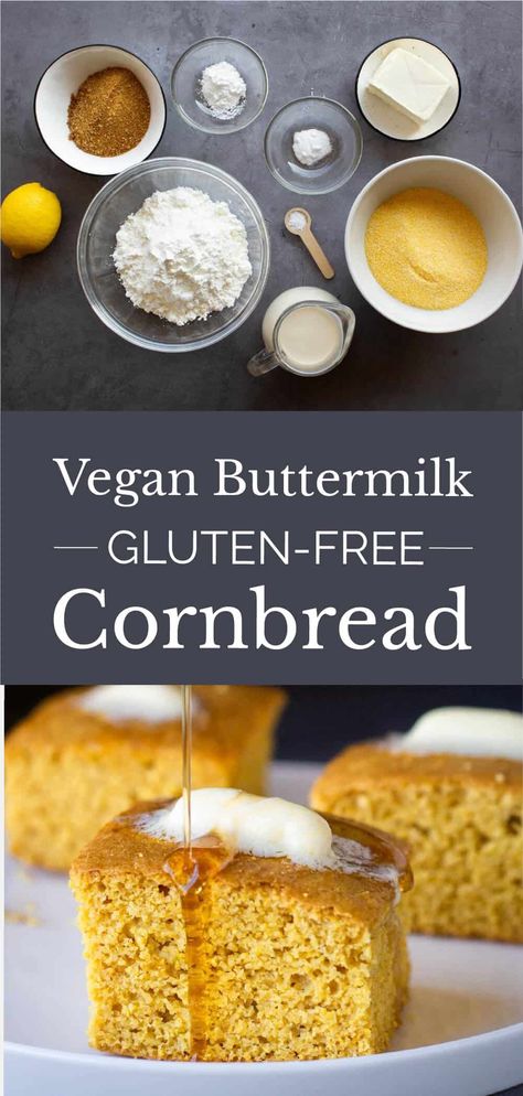 Just the Best Vegan Buttermilk Gluten-Free Cornbread recipe out here, perfect for teatime or serving with Vegan Chili. Super easy to make, one bowl and one baking pan. It's moist and has just the right balance of sweetness and savory notes. #vegancornbread #glutenfreecornbread #cornbreadfed #cornbread | cornmeal, Thanksgiving Homemade Baking Powder, Gluten Free Cornbread Recipe, Quick Vegan Dinner Recipes, Vegan Buttermilk, Vegan Cornbread, Gluten Free Cornbread, Vegan Thanksgiving Recipes, Cornbread Recipe, Vegan Chili