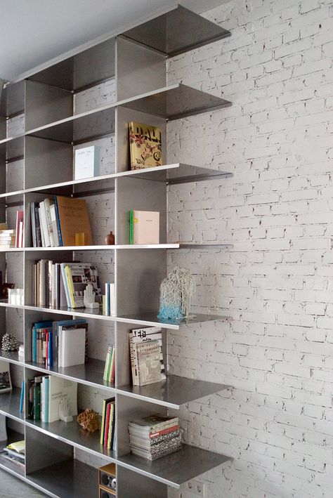 Bookshelf Designs, Steel Bookshelf, Stainless Steel Shelving, Modular Shelving System, Modern Floating Shelves, Shelves Floating, Stainless Steel Furniture, Metal Bookshelf, Wall Shelving