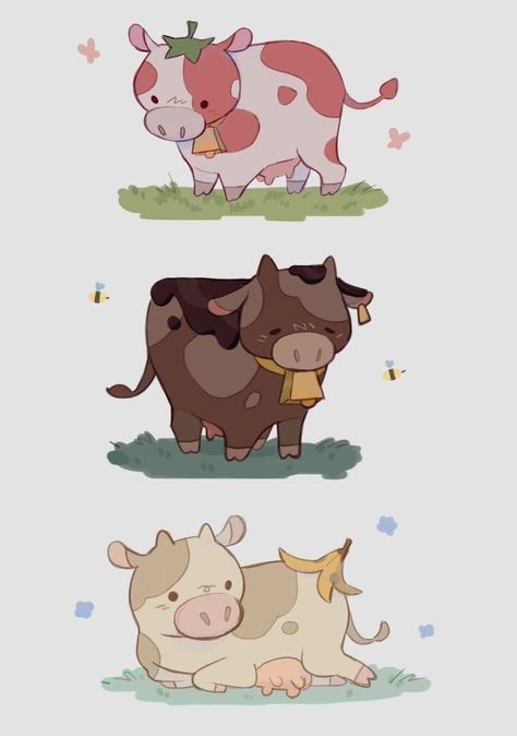 Cows Drawing Cute, Cow Doodle Cute, Cute Cow Art Kawaii, Cow Reference Drawing, Mushroom Cow Drawing, Aesthetic Cow Drawing, Cute Cow Drawing Cartoons, Kawaii Cow Wallpaper, Cow Drawing Reference