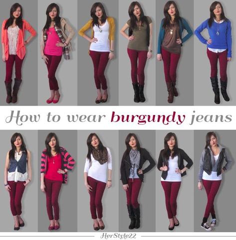 How to wear burgundy pants Burgundy Jeans Outfit, Burgundy Pants Outfit, Wine Pants, Mode Ab 50, Maroon Pants, Burgundy Outfit, Burgundy Pants, Burgundy Jeans, Burgundy Leggings