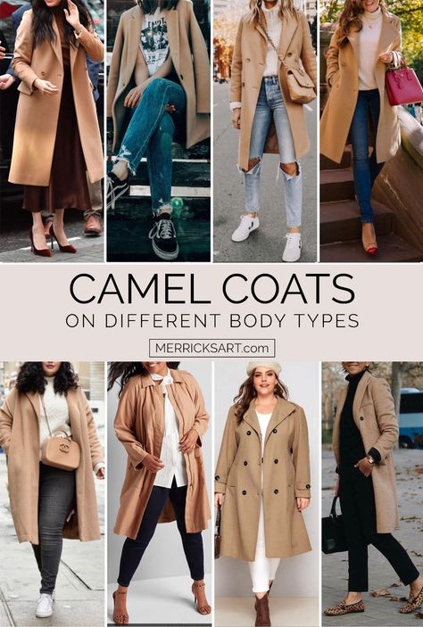 4 Cute Camel Coat Outfits for Fall and Winter - Merrick's Art Women’s Trench Coat Outfit, Caramel Coat Outfit, Camel Coat Outfit Winter Style, Camel Jacket Outfit, Tan Coat Outfit, Camel Winter Coat, Trench Coat Outfit Fall, Coat Outfits For Women, Trent Coat