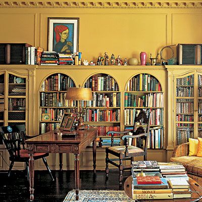 Yes please. Yellow Library Room, Yellow Bookshelves, Southern Living Recipes, Beautiful Bookshelf, Yellow Room, Home Libraries, Concrete Decor, Home Library, Book Nooks