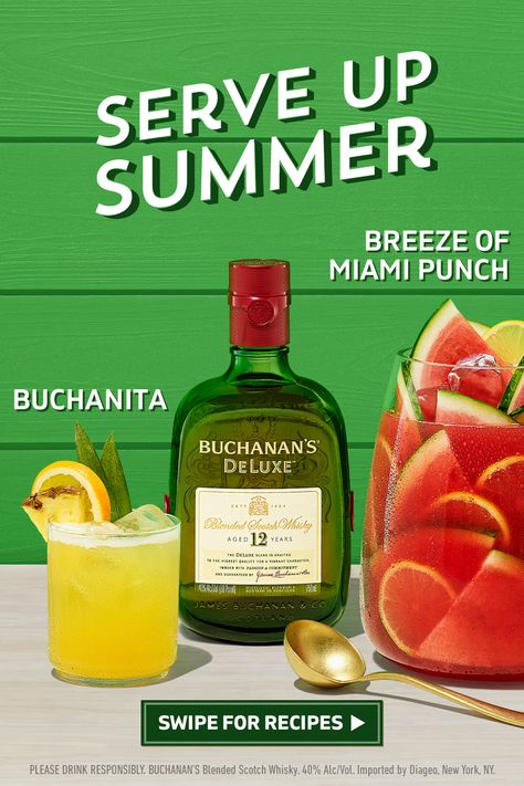 BUCHANITA: Combine Buchanan’s scotch whisky and pineapple juice into a cocktail shaker with ice. Shake well. Strain into a glass over ice. Garnish with an orange slice and pineapple slice.

BREEZE OF MIAMI PUNCH: Muddle fresh watermelon chunks into bottom of the pitcher. Add Buchanan’s scotch whisky, coconut water, simple syrup, fresh lemon juice and ice into pitcher. Stir well until ice is dissolved. Garnish with watermelon and lemon. Pineapple Buchanan, Buchanans Whiskey, Old Camp Peach Pecan Whiskey Recipes, Buchanan's Pineapple Drinks, Pineapple Whiskey Sour, Buchanan Deluxe, Whisky Cocktail Recipes, Watermelon And Lemon, Pineapple Cocktail