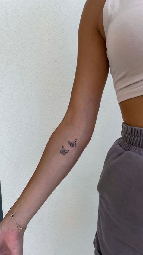 Butterflies Up Arm Tattoo, Tattoos For Small Arms, Small Butterfly Tattoo On Arm, Tat Ideas For Women, Two Small Butterflies Tattoo, Minimalist Tattoo Butterfly, Butterfly Tattoo Inner Arm, Butterfly Tattoo Dainty, Simple Arm Tattoos For Women