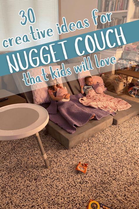 a nugget couch with text that reads fun ways to play with nugget couch Nugget Reading Corner, Nugget Slide, The Nugget Couch, Nugget Couch Ideas, 1 Nugget Couch Ideas, Nugget Builds, Fun Ideas For Kids, Nugget Couch, Two Couches