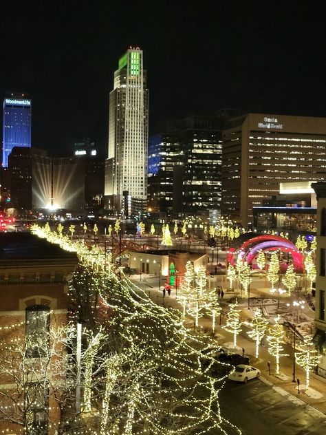 Gene Leahy Mall at The RiverFront, Omaha, Nebraska during the Holidays! Omaha Aesthetic, Omaha Nebraska Aesthetic, Nebraska Aesthetic, Friendship Board, Travel Nebraska, Downtown Omaha, American States, Wrong Number, Usa States