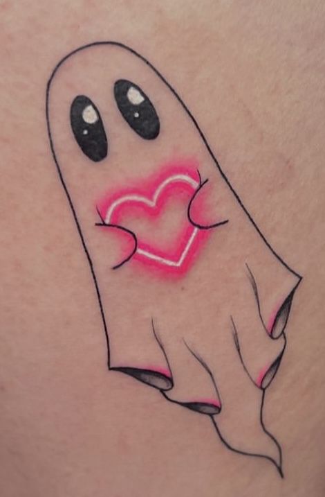 Neon Ghost Tattoo, Small Lovers Tattoo, Tattoos That Look Like Stickers, Honeycomb Hand Tattoo, Tiny Tattoo Cover Up Ideas, Halloween Heart Tattoo, Jar Of Hearts Tattoo, Spooky Forearm Tattoo, Ghost Heart Tattoo