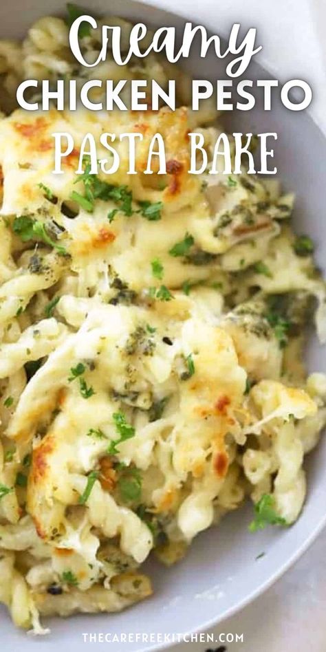 This Chicken Pesto Pasta combines our creamy homemade alfredo sauce with fresh pesto, cooked chicken, pasta and cheese for a hearty meal that your family and friends will love. Best of all, it takes just 30 minutes to make, can be made in advance and is super easy to adapt. #thecarefreekitchen #pasta #pastabake #dinner #30min #chicken #easy #freezermeal #pesto #alfredo Chicken Broccoli Pesto Pasta Bake, Creamy Pesto Chicken Pasta Recipes, One Pan Creamy Pesto Chicken And Broccoli Pasta Bake, Creamy Pesto Chicken And Broccoli Bake, Cheesy Pesto Chicken Bake, Pesto Chicken Recipes Pasta, Chicken Pesto Ricotta Pasta, Pesto Chicken Pasta Casserole, Chicken Alfredo Pesto Pasta