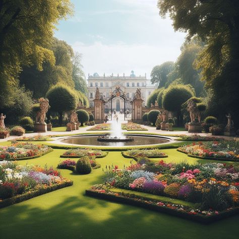 Palace Garden Aesthetic, Acotar Gowns, Royal Garden Aesthetic, French Chateau Garden, Royal Courtyard, Bridgerton Garden, Palace Courtyard, French Manor House, Mansion Garden