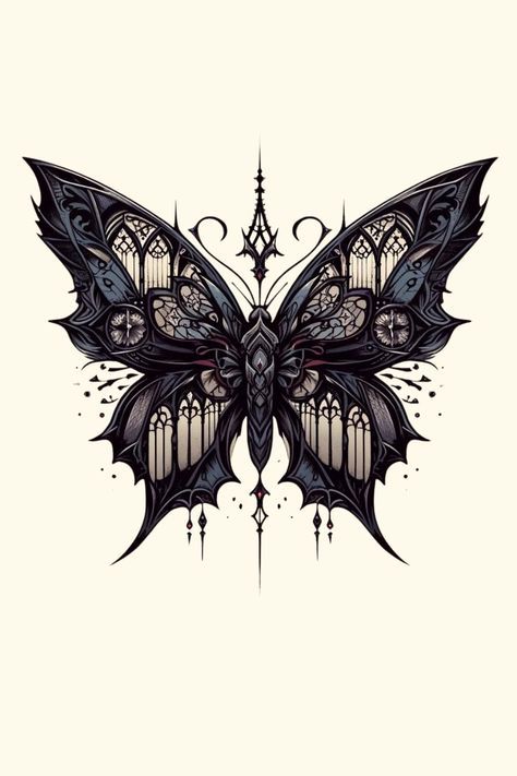 Goth Inspired Tattoo, Tattoo Cool Ideas, Stained Glass Butterfly Tattoo, Triangle Shaped Tattoo, Goth Tattoo Designs Drawings, Goth Moth Tattoo, Goth Butterfly Tattoo, Unique Chest Tattoo Female, Gothic Back Tattoo