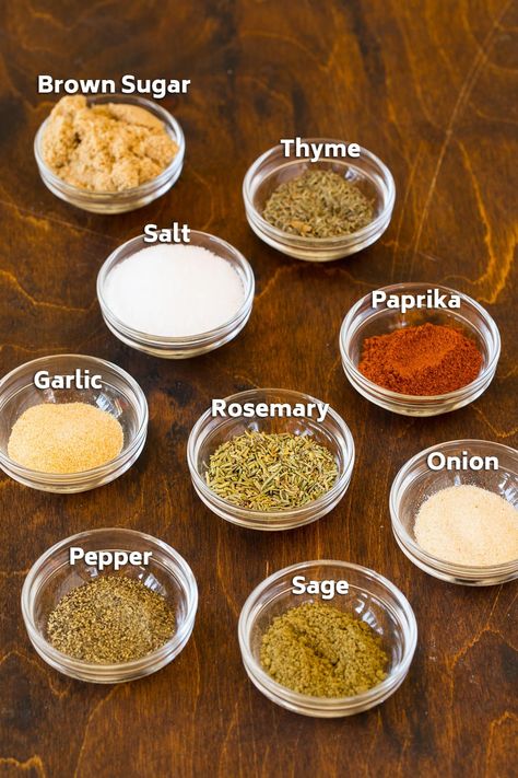 Bowls of salt, sugar, herbs and spices. Perfect Turkey Seasoning, Thanksgiving Turkey Seasoning Recipes, Fry Turkey Seasoning, Turkey Spice Rub Recipes, Butter Herb Rub For Turkey, What Seasonings To Put On A Turkey, Turkey Seasoning Rub Butter, Roasted Turkey Seasoning Rub, Turkey Breast Seasoning Rub Thanksgiving