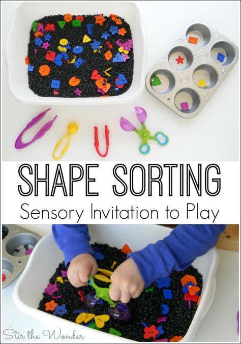 Shape Sorting Sensory Invitation to Play | Stir The Wonder Science Shapes Activities, Classifying Preschool Activities, Preschool Shapes, Tactile Sensory, Preschool Sensory, Learn Shapes, Sensory Tubs, Sensory Input, Teaching Shapes