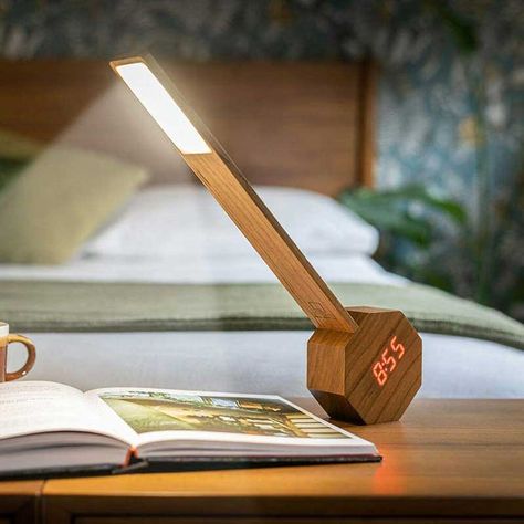 The Gingko Octagon One Plus is the most unique alarm clock lamp I've seen this year - The Gadgeteer Dogital Alarm Clock, Led Lamp Ideas, Unique Alarm Clocks, Wood Lighting Design, Cool Lamp, Natural Cherry Wood, Desk Lamp Design, Light Watch, Clock Ideas