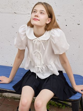 Designer fashion, Seoul-fully created | W Concept Fabric Tops For Women, Puffed Sleeves Blouse, Ribbon Blouse, Ribbon Top, Korean Blouse, White Ruffle Blouse, Fashion Top Outfits, Feminine Blouses, Rolled Sleeves