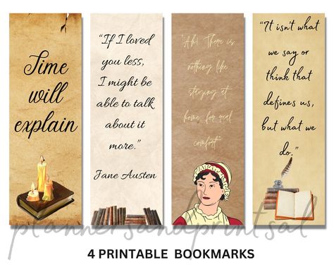 Author bookmarks, 4 bookmarks featuring classic novelist, Jane Austen quote, Lovely Reader Bookshelf Bookmark Printable, Jane Austen Bookmarks Printable, Bookmark Printable Vintage, Book Quote Bookmarks, Pride And Prejudice Bookmarks, Literary Themes, Vintage Bookmarks, Jane Austen Quotes, Bookmarks For Books