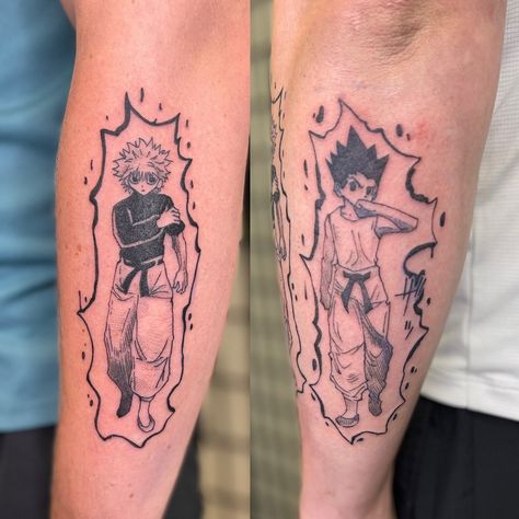 🪀 🎣 Killua and Gon 🪀🎣 - Manga panel scenes of these two characters for @michaeldoherty03 thank you so much for letting me do these for you! • • • • • • • • #mangatattoo #mangatattoos #animetattoos #animetattooartist #animetattoo #mangatattooartist #hunterxhuntertattoo #gontattoo #killuatattoo #killuafanart #demure #cutesy Killua Tattoo, Killua And Gon, Manga Tattoo, Gon And Killua, Gon Killua, Anime Tattoos, My Tattoo, Artist On Instagram, Tattoo Artist