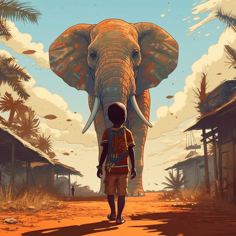 An african child walking up to the spirit of Africa. African Love Art, Africa Aesthetic Art, African Spirituality Art, Fantasy Africa, African Fantasy City, African Landscape Illustration, West African Art, African Fantasy Art Landscape, Warrior Paint