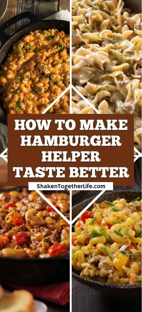 Wondering how to make Hamburger Helper taste better? Try one of these add-in ideas to make this pantry staple even better. We have over 20 great ideas, from veggies, cheese, spices, and protein switches! Hamburger Helper Recipes Add Ins, Cheeseburger Hamburger Helper Add Ins, How To Make Hamburger Helper Better, Hamburger Helper Hacks, Elevated Hamburger Helper, Hamburger Helper Stroganoff Add Ins, Hamburger Helper Add Ins Ideas, Hamburger Helper Sides Dishes, Hamburger Helper Ideas