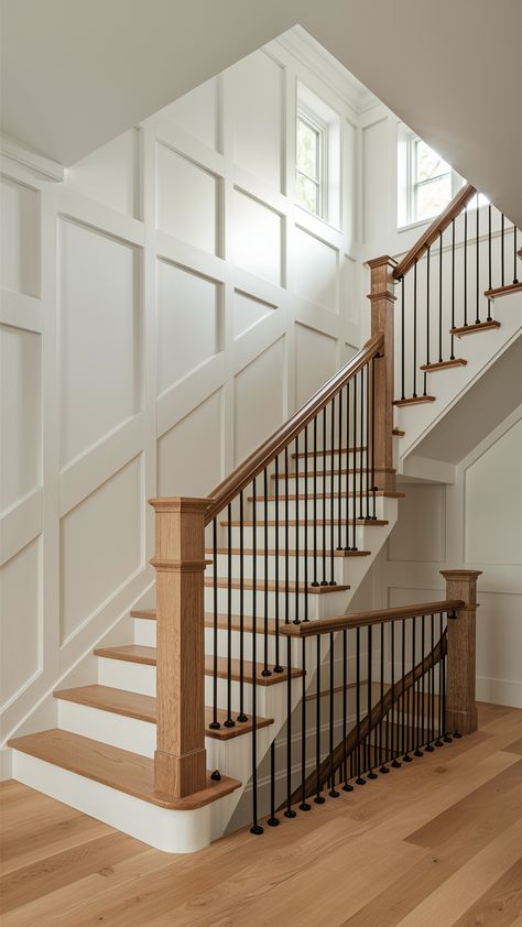 Refresh your space with trendy decor ideas and modern inspirations. Explore luxe accents and chic solutions for a stylish home update. #HomeInspiration #TrendyInteriors #LuxeDesign Staircase Wood Paneling, Wood Paneling Staircase Wall, Waynes Coating Stairway Staircases, Traditional Wood Staircase, Wayne’s Coating Stairs, Stairwell Accent Wall, Stairway Decorating, Stair Wall, Trendy Interiors