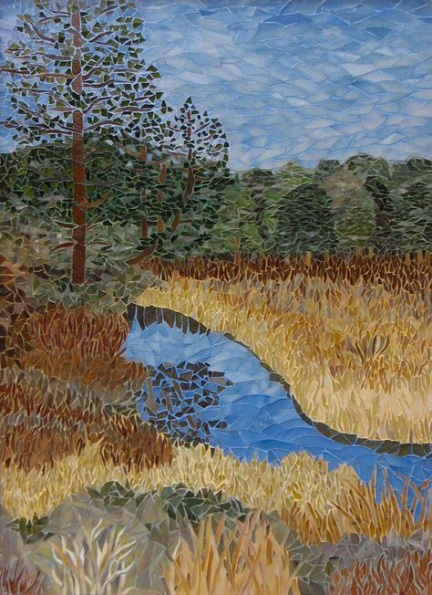 Deschutes River www.marydrivermosaics.com Landscape Mosaic, Tree Mosaic, Mosaic Art Diy, Naive Painting, Mosaic Madness, Mosaic Stained, Mosaic Tile Art, Mosaic Murals, Glass Mosaic Art