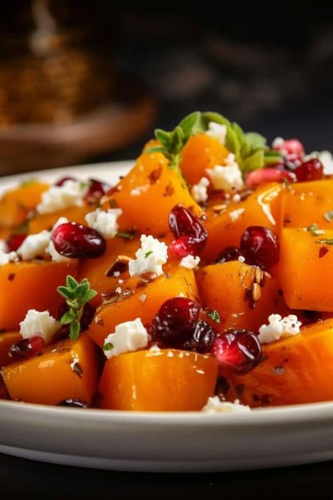 Honey Roasted Butternut Squash with Cranberries and Feta - BeCentsational Honey Roasted Butternut Squash, Butternut Squash With Cranberries, Butternut Squash Cubes, Garlic Roasted Potatoes, Sweet Potato And Apple, Butternut Squash Recipes, Roasted Squash, Honey Roasted, Balsamic Glaze