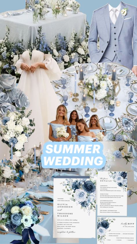 Light blue and white wedding theme White And Blue Wedding Bridesmaids, Spring Wedding Light Blue, Dusty Blue And White Wedding Theme, Blue And White Theme Wedding, Blue Garden Party Wedding, Mamamia Wedding, Light Blue Themed Wedding, Pale Blue Wedding Theme, Light Blue Summer Wedding