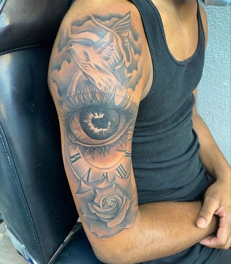 Eye Tattoo On Shoulder, Eye On Shoulder Tattoo, Outer Bicep Tattoo Men Sleeve, Hood Arm Tattoos Men, Top Of Arm Tattoo Men, Upper Arm Tattoo Men Ideas, Golden Child Tattoo, Outer Bicep Tattoo Men Ideas, Tattoo Ideas For Men Bicep