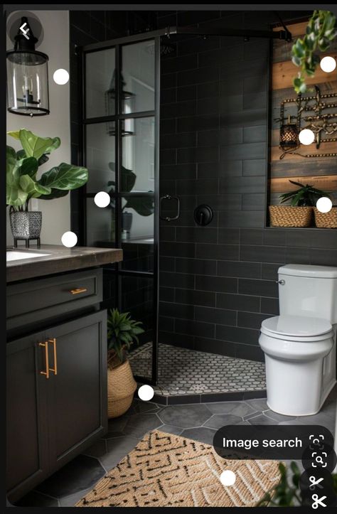 Bathroom Remodel With Black Fixtures, Black Bathrooms Rustic, Darker Bathroom Ideas, Men’s Bathroom, Black And White Bathroom Ideas Modern, Dark Guest Bathroom, Black Accent Wall Bathroom, Black And Brown Bathroom, Bathroom With Black Cabinets