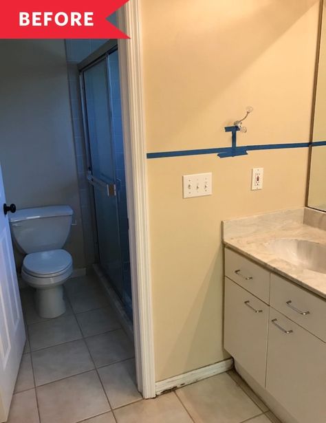 Before and After: This 1995-era master bathroom redo is just plain dreamy. | #masterbathroom #bathroommakeover #beforeandafter #bathroomtransformation #renovation 1980s Bathroom, Condo Bathroom, Add A Bathroom, 90s Home, Refinish Bathtub, Open Showers, Bathroom Remodel Cost, Bathroom Transformation, Glass Shower Enclosures