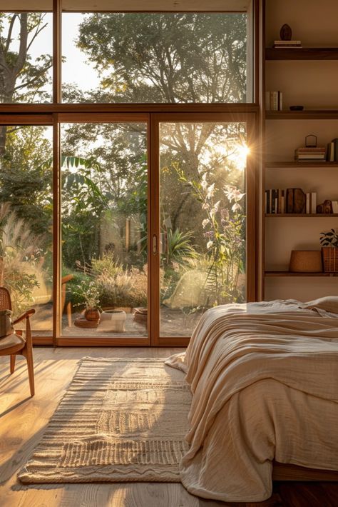 Minimal Wood Bedroom, Mid Century Modern Forest House, Mid Century Guest House, Brazilian Modernism Interior, Mid Century Home Design, Mid Century Modern And Traditional, Cozy Mid Century Modern Bedroom, Warm Modern Bedroom, Modern Bedding Ideas