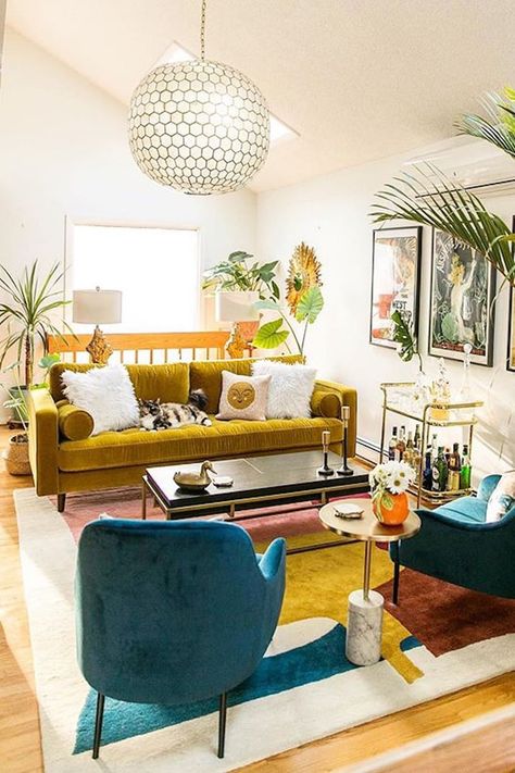 Mid Century Glam Living Room, Jessica Brigham, Yellow Decor Living Room, Gold Sofa, Glam Living, Glam Living Room, Room Refresh, Yellow Living Room, Mid Century Modern Living Room