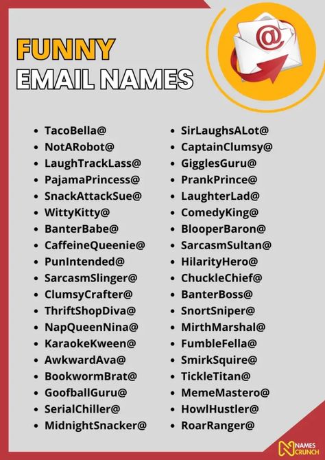 700+ Funny Email Names [Unique Ideas] - Names Crunch Airdrop Name Ideas Funny, Fun Names Ideas, Email Address Ideas Names, Email Id Name Ideas, Email Ideas Names, Email Names Ideas Unique, Email Name Ideas, Pun Names, Funny Emails