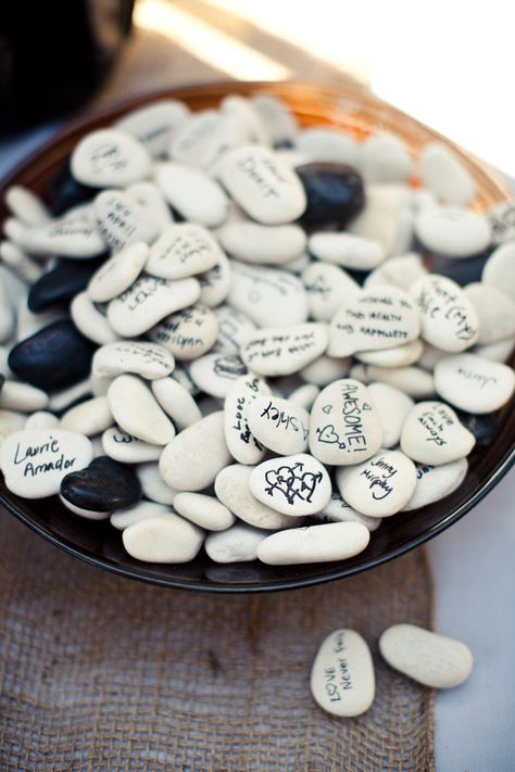 I love this idea! Have guests sign well wishes and special notes on smooth stones. Wishing Stones, Wedding Guest Book Unique, Guest Signing, River Rocks, Wedding Guest Book Alternatives, Guest Book Alternatives, County Wedding, Alternative Wedding, Book Ideas