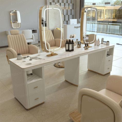 Yoocell cream barber chair salon hair station mirror station salon furniture makeup station OC7080 Makeup Station Salon, Hair Station, Salon Equipment Furniture, Makeup Dresser, Makeup Studio Decor, Hair Salon Furniture, Facial Bed, Hair Salon Equipment, Beauty Chair